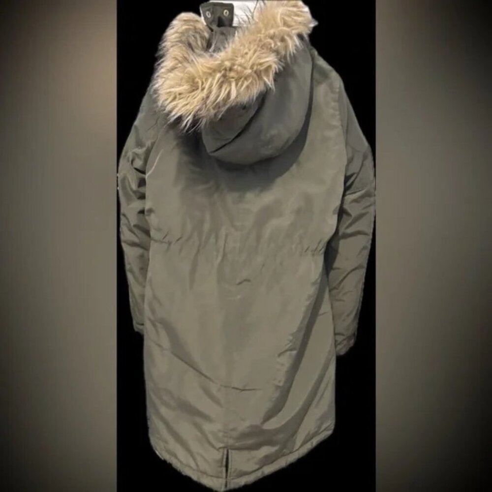heavy weighted ladies tts L beautiful new Olive Green Parka with Faux Fur Trim - Picture 2 of 12